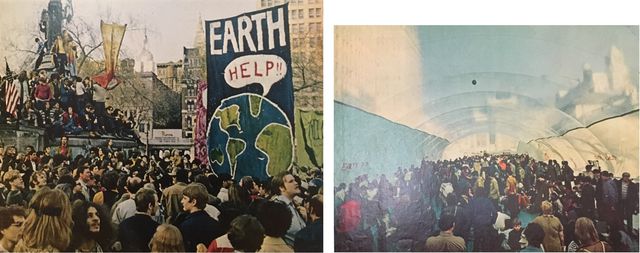 Union Square crowds (left) and clean air bubble (right). Environmental Action Coalition records.